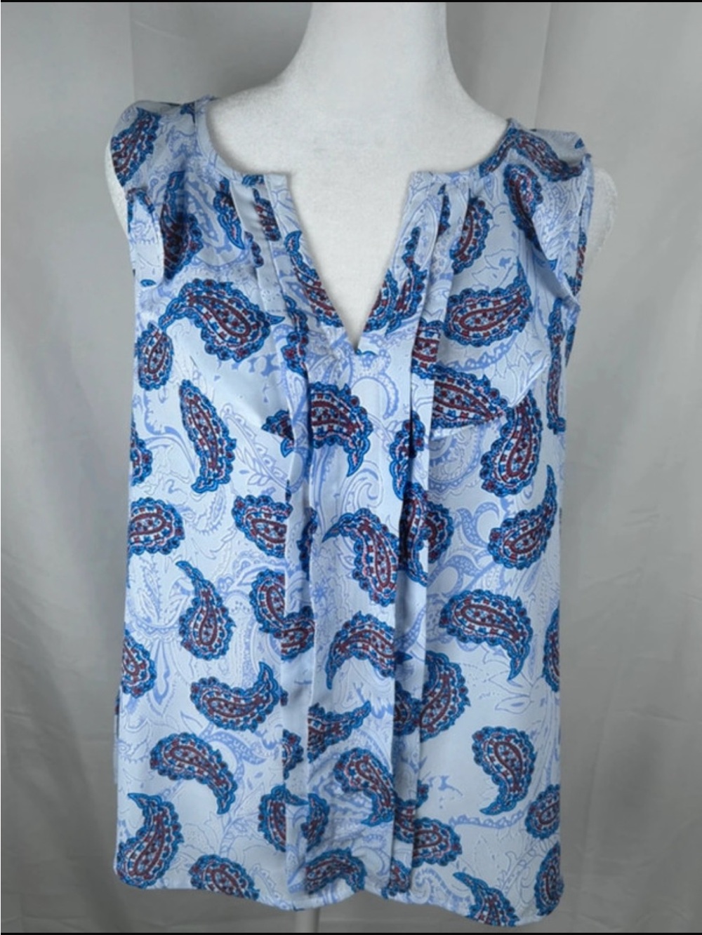 Skies Are Blue, Navy Paisley Split V-Neck Blouse.
